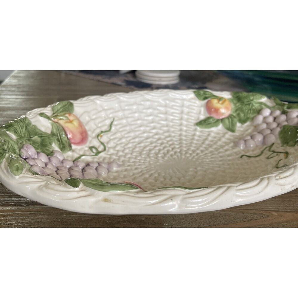 Vintage Lattice Majolica Porcelain Fruit Basket Pears Grapes Oval Bowl - Picture 5 of 6